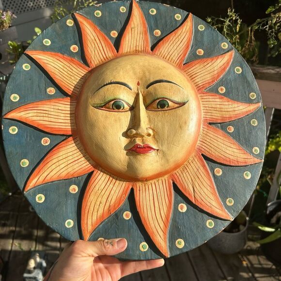 Vintage 16" Handmade Indonesia Hand Painted Sun Moon Wooden Wall Hanging Whimsy - Picture 1 of 16